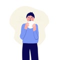 A man with the first signs of illness. Symptoms of a viral or cold illness. Vector flat character is sick