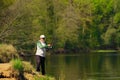 Man fish with spinning on river bank, casting lure. Outdoor weekend activity