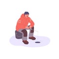 Man fisher at ice polar fishing in cold winter, frost. Fisherman sitting with rod, catching fish through hole. Angler on