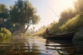Man fisherman fishing in a boat on the river beautiful realistic background illustration Generative AI