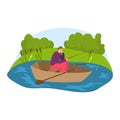 Man fishing alone in a wooden boat on a calm lake near green trees. Peaceful lifestyle and outdoor hobby activity vector