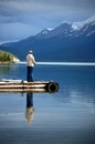 Man Fishing in an Alpine Lake Royalty Free Stock Photo