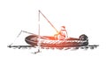 Man, fishing, boat, lake, activity concept. Hand drawn isolated vector.