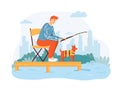 Man fishing. Guy sitting on chair with fishing rod waiting for fish, outdoor summer hobby. Male character with dog