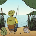 Man fishing on lake pop art style vector Royalty Free Stock Photo