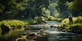 Man fishing on a quiet riverbank, the world s rush muted by the gentle babbling of the stream , concept of Serenity