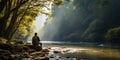 Man fishing on a quiet riverbank, the world s rush muted by the gentle babbling of the stream, concept of Serenity