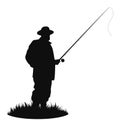 Man with fishing rod. Fisherman black silhouette. Vector illustration Royalty Free Stock Photo