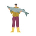 Man Fishing Standing in Rubber Boots with Huge Fish Vector Illustration