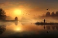 Man fishing at stunning sunrise over tranquil lake. Generative AI Royalty Free Stock Photo