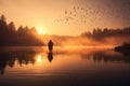 Man fishing at stunning sunrise over tranquil lake. Generative AI