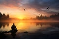 Man fishing at stunning sunrise over tranquil lake. Generative AI