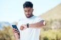 Man, fitness and checking time with watch in nature for tracking performance, steps or workout schedule. Male person Royalty Free Stock Photo