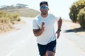 Man, fitness and running in nature for workout, cardio exercise or training outdoors. Fit, active and sporty male person Royalty Free Stock Photo