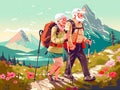 old active couple happy elderly trekking walking grandfather hiking senior. Generative AI.