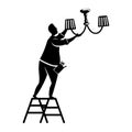 Man fixes chandelier black silhouette vector illustration