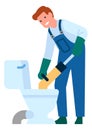 Man fixing clogged toilet. Repairman plumbing pipes