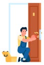 Man fixing door knob. Repairman working with screwdriver and pliers Royalty Free Stock Photo