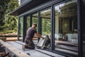 Man fixing glass on a house