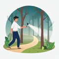 Man with Flashlight Exploring a Dark Forest Path Royalty Free Stock Photo