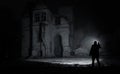 A man with a flashlight near the ruins of an old castle