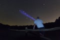 Man with a flashlight pointing to big dipper. Starry night Polaris star, Ursa Major, Big Dipper constellation. Beautiful night sky