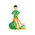 Man flat cartoon character cleaning and raking leaves, ecological lifestyle Royalty Free Stock Photo