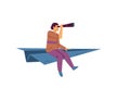 Man flies on paper airplane watching spyglass, flat vector illustration isolated.