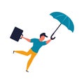 A man flies on an umbrella with a briefcase vector illustration. Person male flying on sky and office success concept. Career fly Royalty Free Stock Photo