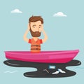 Man floating in a boat in polluted water. Royalty Free Stock Photo