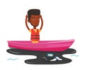 Man floating in a boat in polluted water. Royalty Free Stock Photo