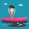 Man floating in a boat in polluted water. Royalty Free Stock Photo