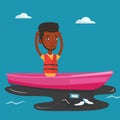 Man floating in a boat in polluted water. Royalty Free Stock Photo