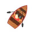 Man Floating on Wooden Boat, Top View Vector Illustration on White Background. Royalty Free Stock Photo