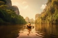 A man floats in a boat on the river among of the rainforest, Beautiful jungle nature realistic background wallpaper illustration