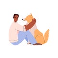 Man on the floor and petting and playing with cute dog, flat vector isolated.