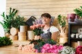 Man florist assistant in flower shop delivery make rose bouquet