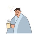 Man with flu and cold under the blanket holding a hot tea and holding a thermometer in her mouth, hand drawn style vector