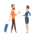 Man with fly ticket. Cartoon guy going on plane board with luggage. Stewardess and passenger, isolated vector characters