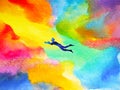 Man flying in abstract colorful dream universe illustration