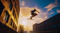 Man flying through the air while riding skateboard in front of tall building Royalty Free Stock Photo