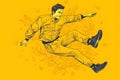 Man flying through the air while wearing yellow shirt and black shoes. Generative AI Royalty Free Stock Photo