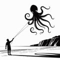 Man flying a black octopus kite on a beach with rocky cliffs vector Royalty Free Stock Photo