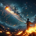 A man flying a kite made of fire across a starry sky, photoreal
