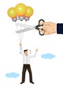 Man flying in the sky with lightbulb balloons. Businessman cuting his balloons