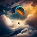 Man is flying in sky on paraglider high above clouds, concept of an active lifestyle, extreme sports, lovely wallpaper Royalty Free Stock Photo