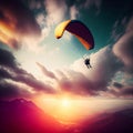 Man is flying in sky on paraglider high above clouds, concept of an active lifestyle, extreme sports, lovely wallpaper Royalty Free Stock Photo