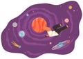 A man flying in space vector flat illustration with planets and stars cartoon cosmic scene