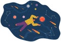 A man flying in space vector flat illustration with planets and stars cartoon cosmic scene