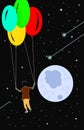 Man Flying To The Night Sky With Four Balloons ,And Big Moon.